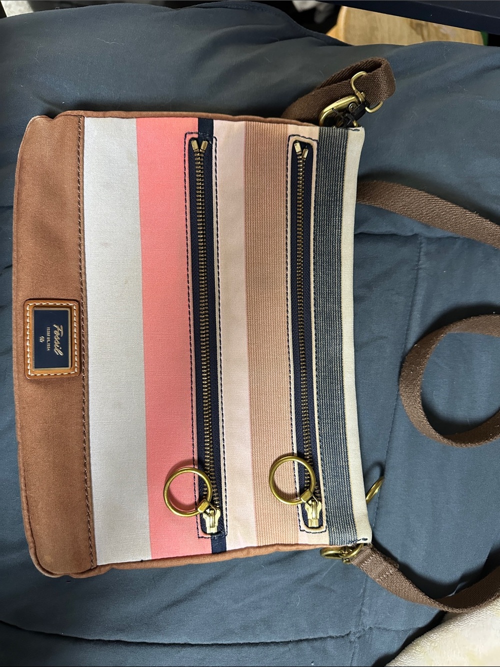 Fossil Striped Crossbody Bag in Coral, Cream & Brown